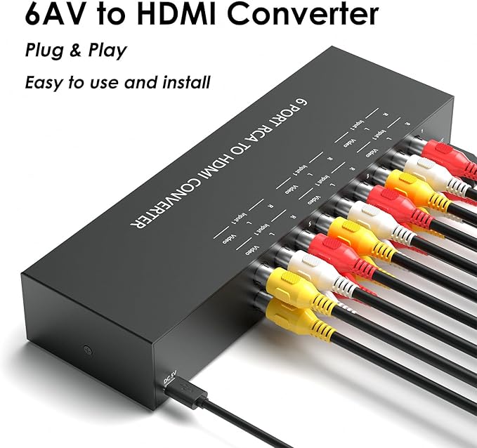 Arector 6 Port RCA to HDMI, 1080P/720P 6 Way AV to HDMI Converter Composite CVBS AV Switch to HDMI Converter Adapter Support 4:3/16:9 Switching, for Sega Xbox PS2 PS3 N64 NGC SNES WII VHS VCR Camera