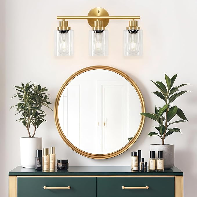 Guliaofo 3-Light Brushed Gold Vanity Lights, E26 Modern Bathroom Light Fixtures with Clear Glass Shade, Wall Lamps for Mirror Kitchen Hallway Cabinet Living Room Sconces Lights