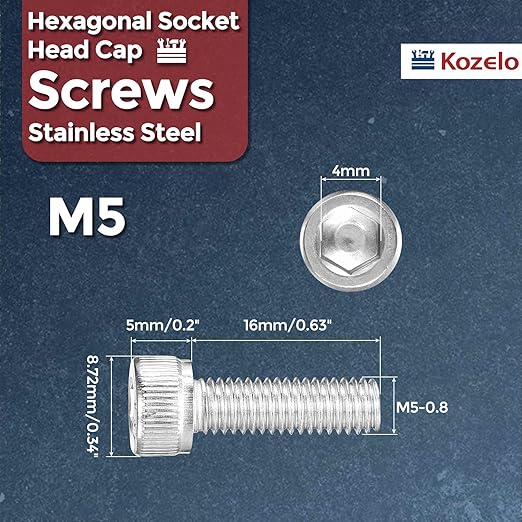Kozelo 50pcs Socket Head Cap Screws - [M5-0.8 x 16mm] 304 Stainless Steel Allen Socket Drive for Electrical Motor 3D Printing Fan Engine Replacement Use, Silver
