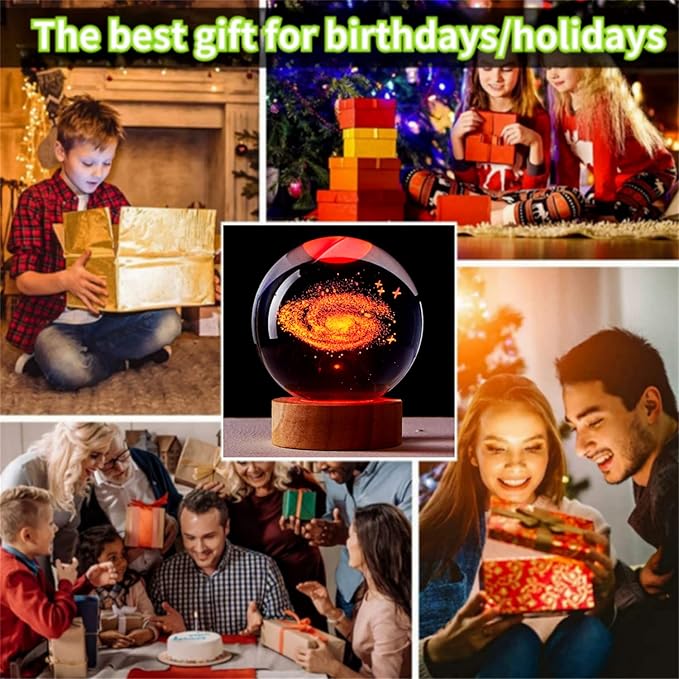 Conalisk 3D Galaxy Crystal Ball Lamp,3.15 Inch K9 Crystal Ball Night Light with Wooden Base,16 Colors Changing Light with Dimmable Remote Control,3D Laser Engraving Holographic Lamp (Galaxy)