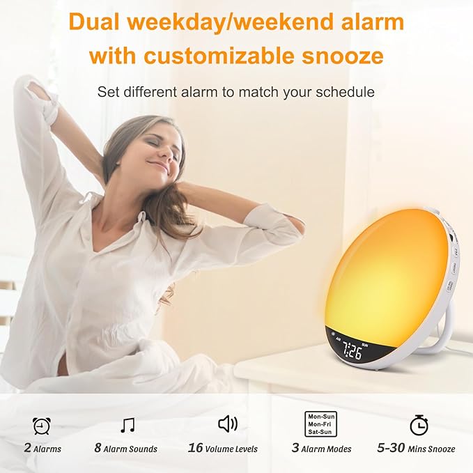 DreamSky Sunrise Alarm Clock Radio for Bedroom with Sound Machine - Dual Wake up Light Alarm Clock for Kids Adults, Digital FM Radio, Bluetooth Speaker, 26 Sleep Sounds for Baby, Dimmable Night Light