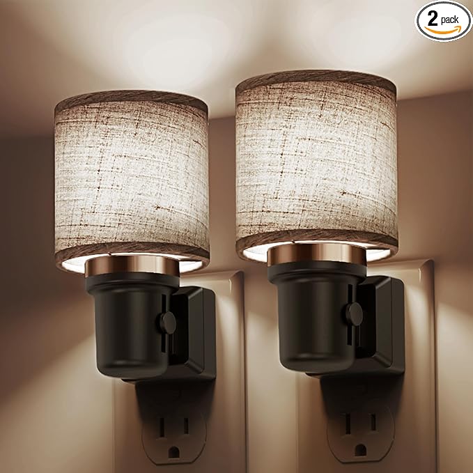 L LOHAS LED Night Lights Plug into Wall, 2 Pack Linen Fabric Cylinder Decor Night Light, Dusk to Dawn Sensor Vintage Nightlight, 5000K Daylight 0-100LM Dimmable, for Bedroom Living Room Hallway