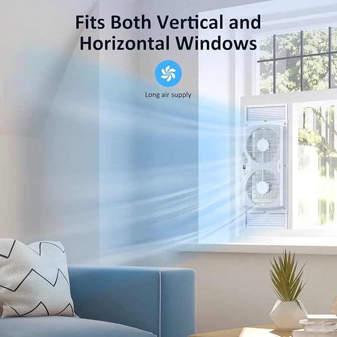 shinic Twin Window Fan with Reversible Airflow, Thermostat Controlled, 3 Speeds & 3 Functions(Exhaust, Intake & Circulate), 23.8" - 37" Expandable Width for Home Kitchen Use