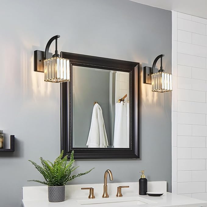 FDPBY Wall Sconces, Set of 2 Black Crystal Vanity Lights, Modern Wall Lamp for Bathroom, Hallway, and Makeup, Easy Installation