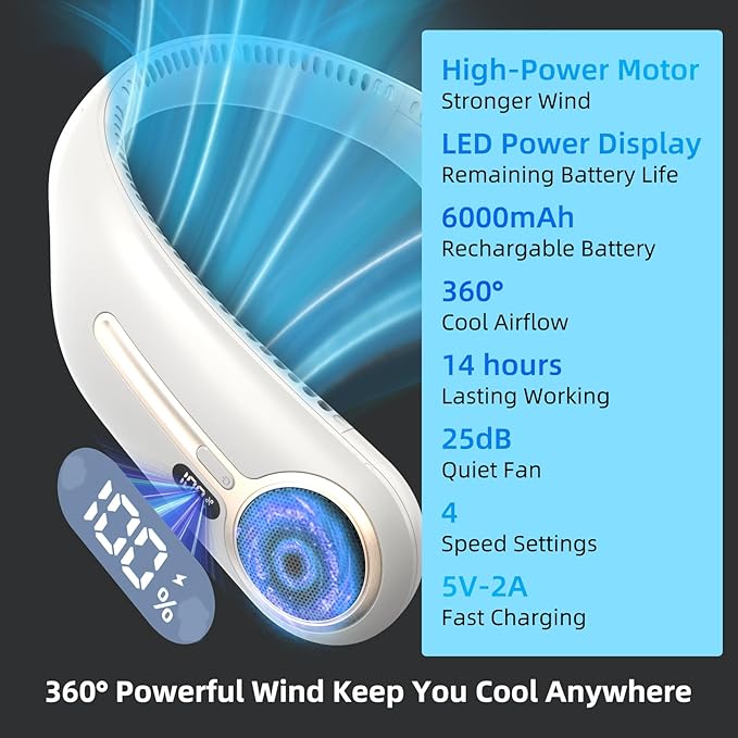 Kinhowly Portable Neck Fan,Hands Free Personal Wearable Bladeless Fan,6000mAh USB Rechargeable,360° Cooling,LED Display,4-Speeds,Birthday Gifts for Men Women Dad Mom,Valentines Day Gifts (Light grey)