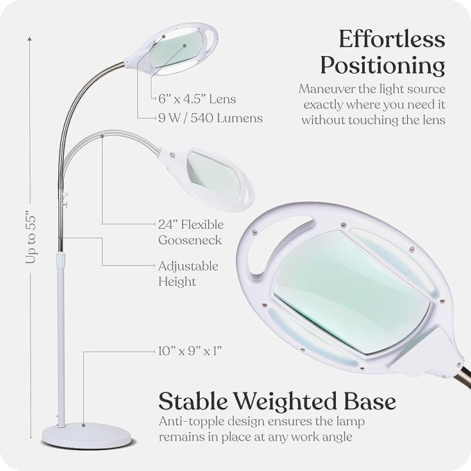 Brightech LightView Pro LED Magnifying Floor Lamp - Daylight Bright Full Spectrum Magnifier Lighted Glass Lens - Height Adjustable Gooseneck Standing Light - for Reading Task Craft Lighting - White