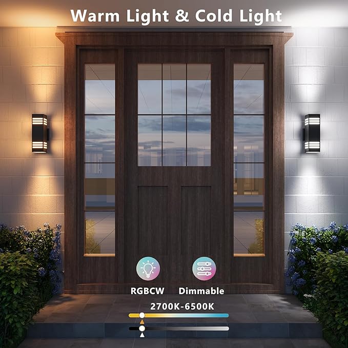 rosykite Smart Outdoor Sconce Lights 2 Pack, Up Down Wall Porch Lights RGB Color Changing WiFi APP Control, Dimmable LED Exterior Wall Lighting Fixtures Work with Alexa,No Hub Required,ETL Listed