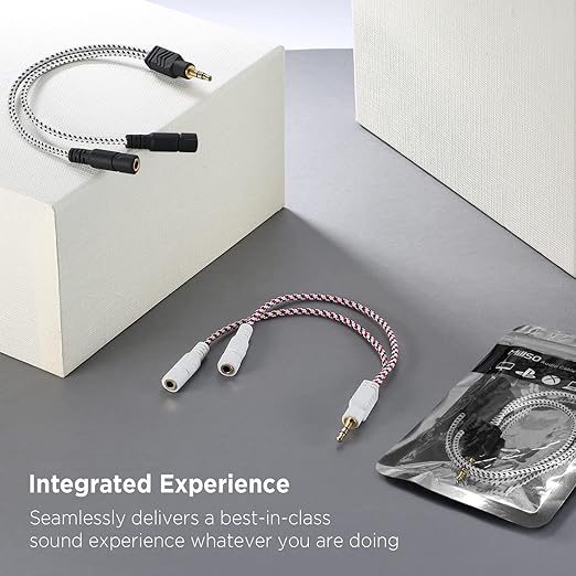 DUKABEL Headphone Splitter, Knitted 3.5mm Audio Splitter TRS 3-Pole Aux Splitter Cable for Headphones Earphones Speakers -Zebra White/2PACK