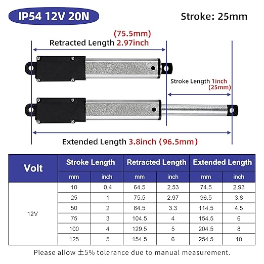 1 Inch 4.5lbs Mini Stroke 12V 4.5lbs Electric Linear Actuator 1.2"/sec Linear Motion Actuator with Brackets for Cabinets, Robotics, Home Automation, Window Opener(20N, 25mm)