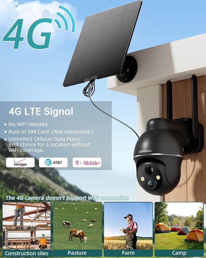 ZUMIMALL 4G LTE Cellular Solar Security Cameras Wireless Outdoor, 3MP No WiFi Cameras for Home Security, 360° Live View, 2K Color Night Vision, PIR Motion Sensor, 2 Way Talk, Built in SIM Card