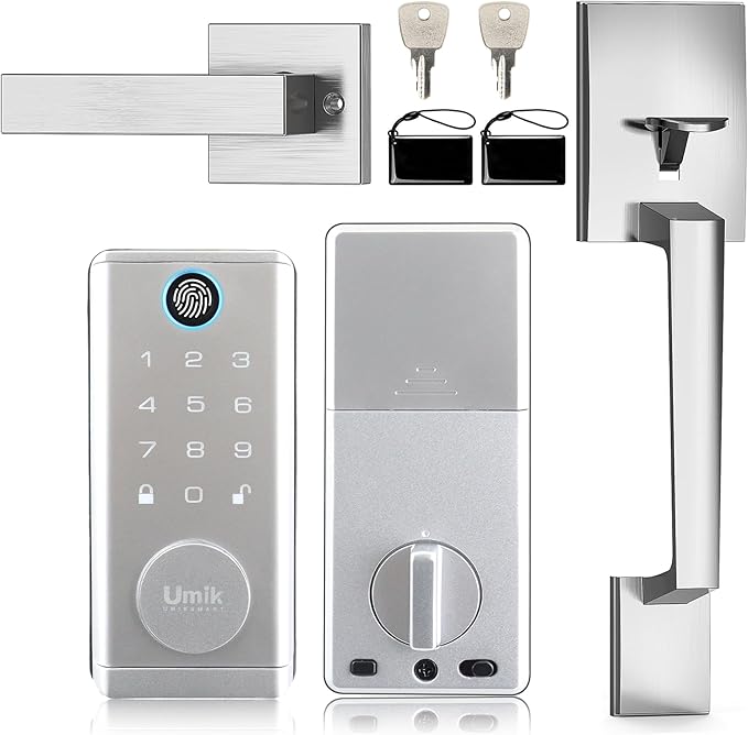 UMIK UMIKSMART Fingerprint Door Lock with Handle Set, Keyless Entry Smart Door Lock, Electronic Keypad Deadbolt Locks, App Control for Front Door, Home (Matte Silver in Zinc)