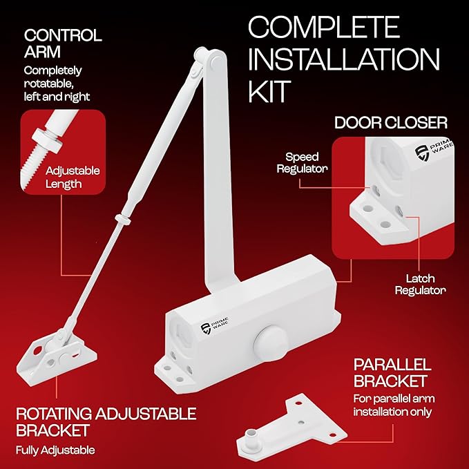 PrimeWare DC-300 Automatic Adjustable Door Closers for Home | Soft Close, No Slam | Residential and Commercial Door Closer | Level 3 | for Doors Weighing 90-140 lbs | Hydraulic Door Spring - White