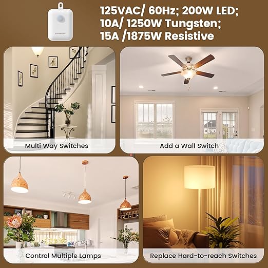 SURAIELEC 3-Way Wireless Remote Control Light Switch & Receiver Kit, 15A RF Wall Switch, 100ft Range, Ultra-Thin Design, Push-in Wiring, Expandable System for Lighting, Lamp (Neutral Wire Required)
