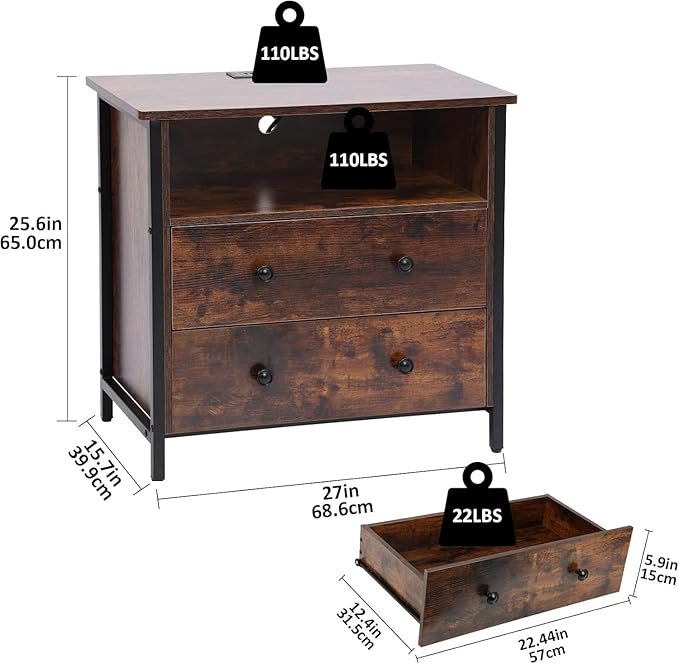 Tykacna 27 Inch Wide Night Stand, Large Wood Night Stand Set 2 with 2 Drawers, LED Nightstand with Charging Station and Adjustable Drawer, Bedside Table for Living Room/Bedroom/Study/Office, Retro.