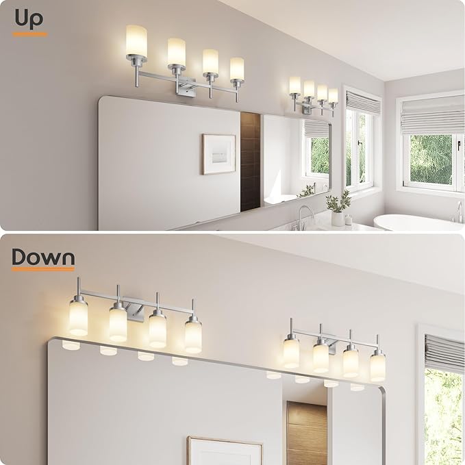 AONEON 4-Light Vanity Lighting Fixtures with White Frosted Glass Shade, Brushed Nickel Bathroom Wall Lamps Over Mirror for Bath Restroom Kitchen T001BR-L4