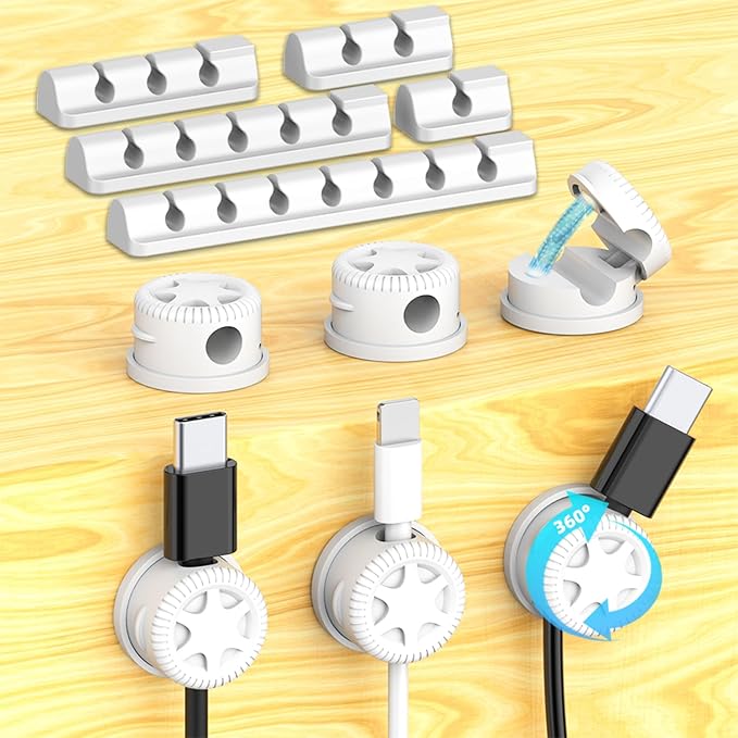 ITUGOU 11PCS Cable Management Cord Holder Organizer, Magnetic Cable Clips Adhesive Wire Keeper, Under Desk for Bedside Nightstand Table Desktop USB Wall Car Office Workspace Accessories (White)