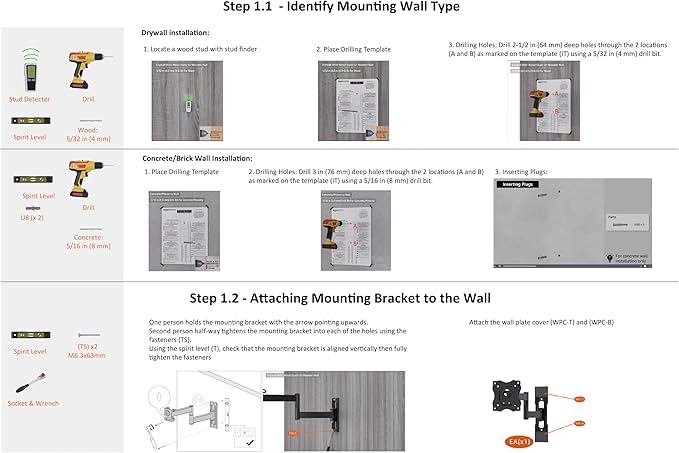 Amazon Basics Full Motion TV Wall Mount fits 12" to 40" TVs and VESA 200x200, Black