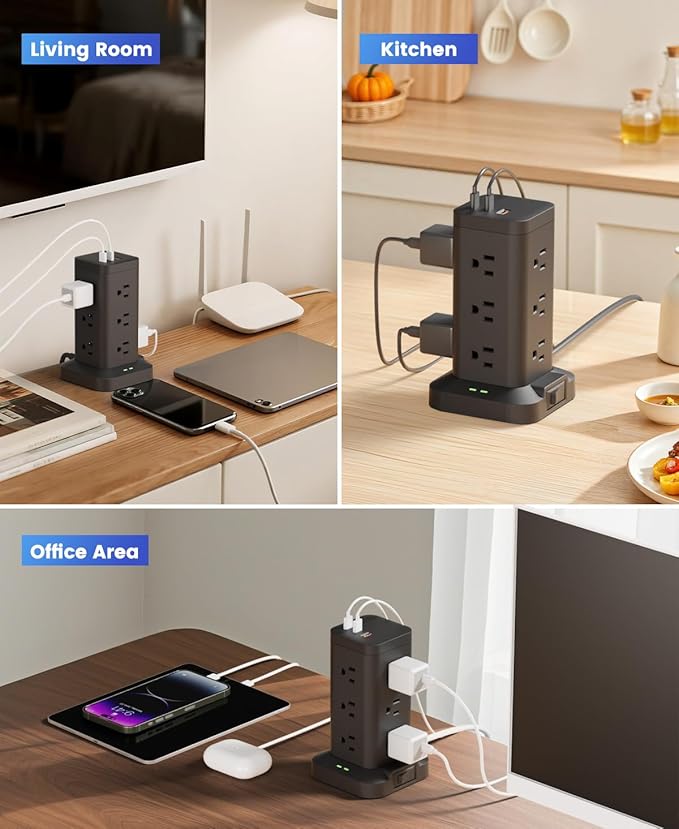 Tagzilo 15-in-1 Power Strip Tower with Surge Protector 1800J, Fast Charging Tower PD20W USB-C Ports with 12 AC Outlets, 15ft Extension Cord for Home Office Dorm Room, Black