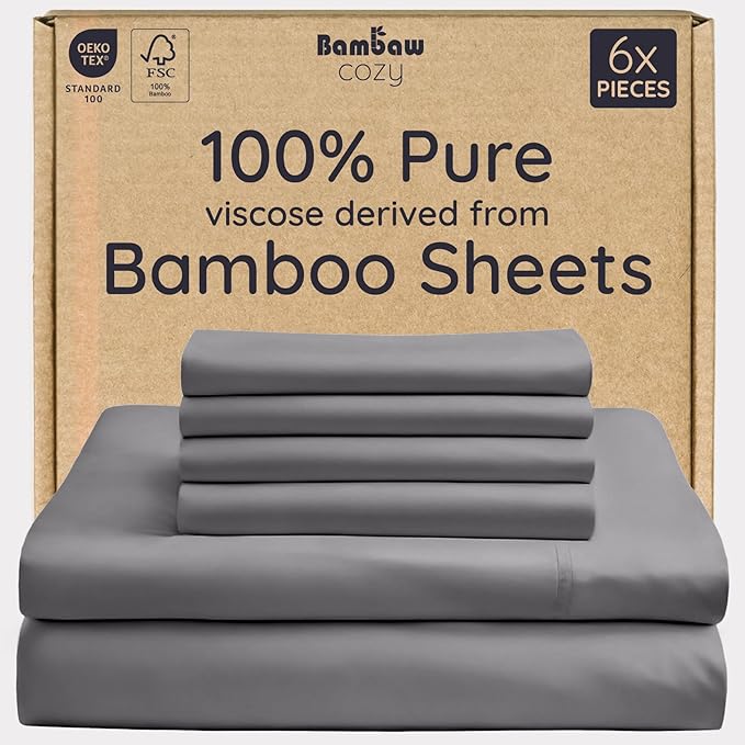 Bambaw 100% Viscose Derived from Bamboo Sheets Queen Size Set – 6pcs Deep Pocket Cooling Queen Sheets, Fits Up to 16'' with Elastic Corner Straps, Buttery Soft Sheets Queen (Dark Gray)