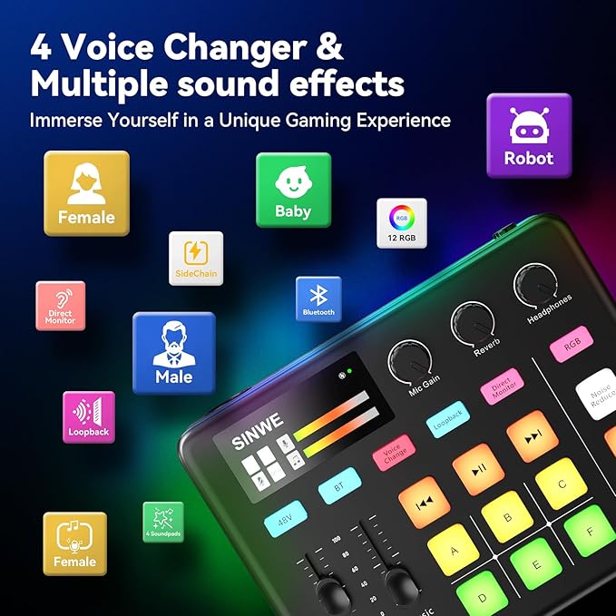 SINWE G1 Gaming Audio Mixer, RGB Audio Interface with Pro-preamp,Bluetooth, Streaming PC Mixer with XLR/48V Phantom Power for Live Streaming, Podcasting, Content Create, Gaming(White)