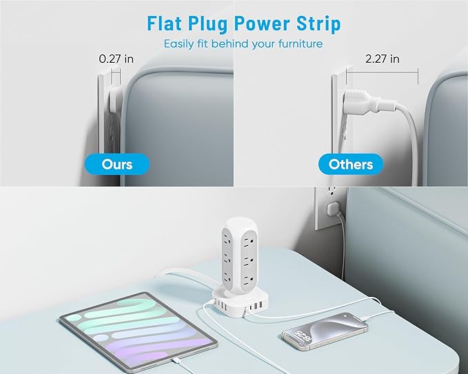 Tower Surge Protector Power Strip, Flat Plug Outlet Extender with 12 AC Outlets & 8 USB Ports, 5 FT Extension Cord with Multiple Outlets, 24W Total Charging Station for Home Office Dorm Room
