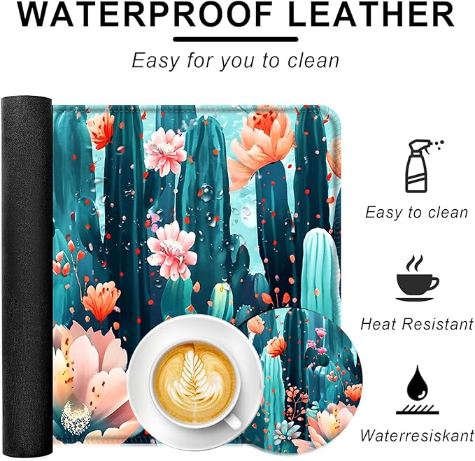 BFUKVOU Large Keyboard Mouse Pad Set, Extended Mouse Pad+Keyboard Wrist Rest Support, Memory Foam Ergonomic Easy Typing, 4Pcs (31.5×11.8 in) Desk Pad Set for Office Home,Cute Cactus Blooming Flowers