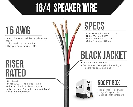 Voltive 16/4 Speaker Wire, Riser CL3R, Black, 500ft - 16AWG, 4 Conductors, Stranded Oxygen-Free Copper, UL Listed - V-1273-1