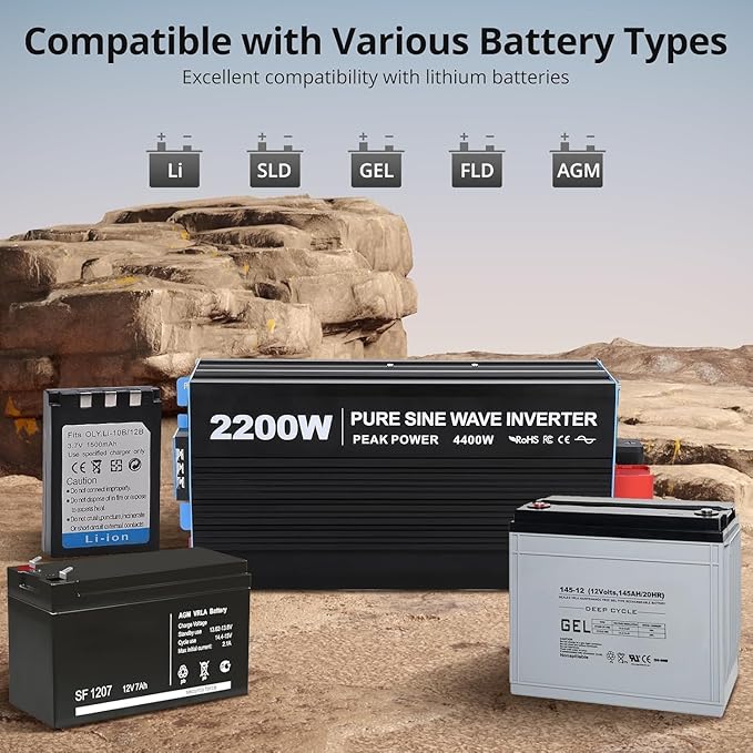 2200W Pure Sine Wave Inverter,1 USB Port 5v/2.4a,LCD Display&Remote Controller for Home, RV, Truck