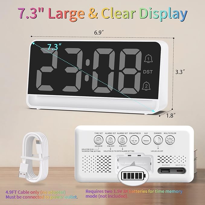 Alarm Clocks for Bedrooms, Digital Bedside Clock with RGB Night Light, Adjustable Volume for Heavy Sleepers, USB Charger, Large Display, Modern Decor for Desk, Dimmable Alarm Clock for Kids(White)