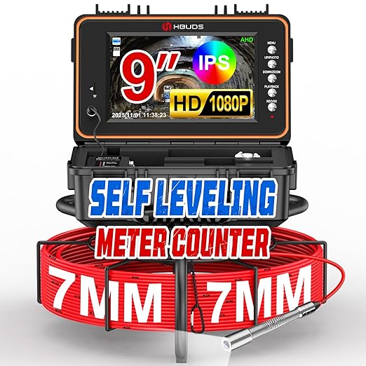 HBUDS Sewer Camera, Self Leveling Drain Camera 65ft with Meter Counter, 7mm Thick Cable, 9" HD Screen 1080P Plumbing Cameras Snake with Light, 5100mAh Battery Duct Pipe Video Inspection Cam DVR 32GB