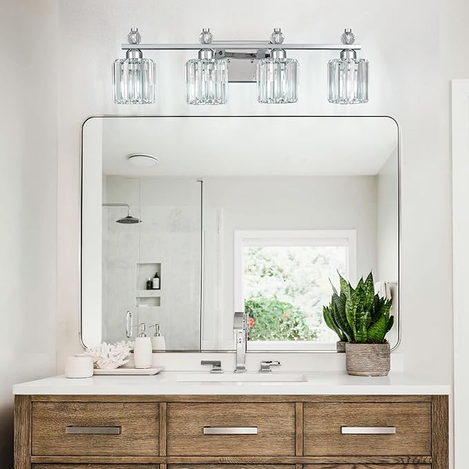 FDPBY Bathroom Vanity Lights 4-Light Chrome Modern Crystal Vanity Light Fixtures Over Mirror Crystal Bathroom Vanity Lighting Fixtures
