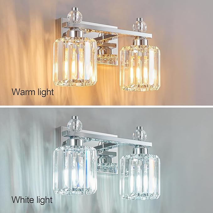 FDPBY Bathroom Vanity Lights 2-Light Chrome Modern Crystal Vanity Light Fixtures Over Mirror Crystal Bathroom Vanity Lighting Fixtures