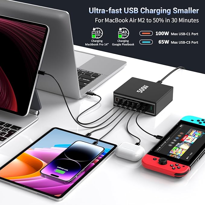 500W USB C Charger Block: 8-Port GaN Charging Station Hub - Dual 100W PD, 3x65W USB-C Fast Charge, Compact Adapter - Wall Plug Power Hub for MacBook Pro iPhone 16 iPad Dell XPS Galaxy Travel Office