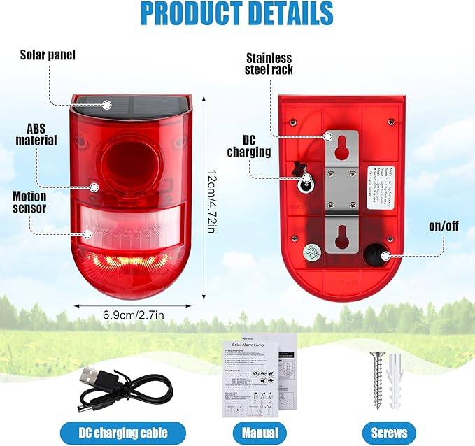 Qualirey 6 Pack Solar Sound and Light Alarm Motion Sensor 129db Outdoor Security Siren Waterproof Motion Activated Detector Alarm 6 LEDs Flash Warning Strobe System for Home, Farm (Red)