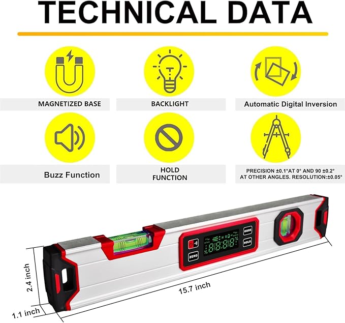 eOUTIL 15.7-Inch Digital Torpedo Level & Angle Finder – IP54 Waterproof Inclinometer with Backlit LCD, V-Groove Magnetic Base, 0.1° Accuracy – for Construction, Woodworking, Metalworking（Red)