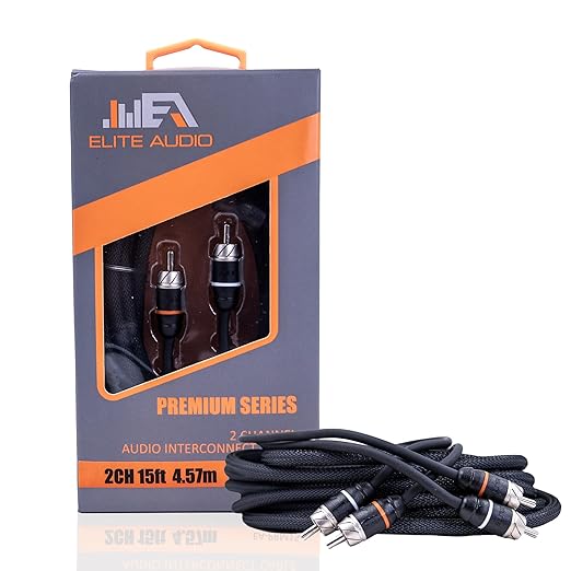 Elite Audio Premium Series 15ft. 2-Channel Car Audio RCA Cable – Double Shielded, Oxygen Free Copper, Noise Reducing Audio Cable for Amplifiers, Subwoofers, Speakers, and Processors – PRM15