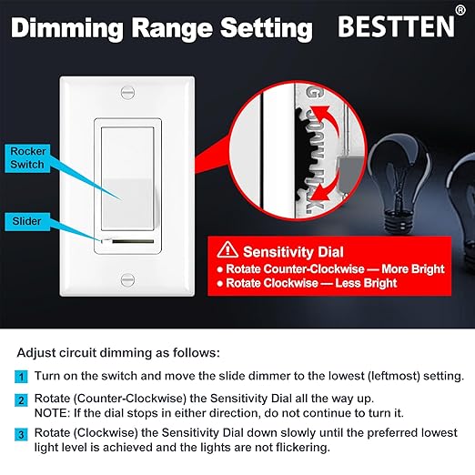 BESTTEN 6 Pack Dimmer Light Switch, LED Dimmer Switch, Single-Pole or 3-Way, for Dimmable LED, Halogen and Incandescent Bulbs, 120V, Wall Plate Included, UL Listed, White