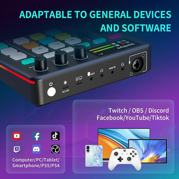 Bonkyo Gaming Audio Mixer & USB Interface with XLR Microphone, Bluetooth 5.0, RGB Effects, 48V Phantom Power, Voice Changer, G1 Sound Card for PS5, TikTok Live Streaming, Podcasting (Black)
