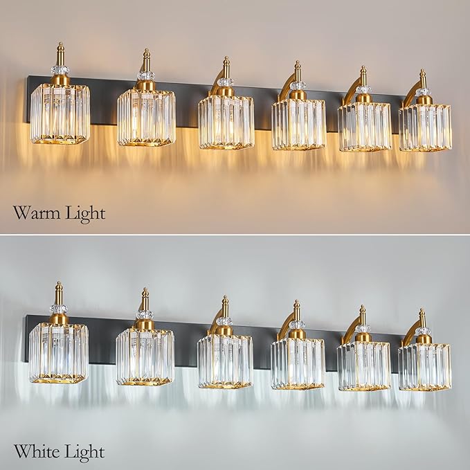 BBLLWJ Modern Black Gold 6 Light Bathroom Vanity Light Crystal Bathroom Light Fixtures Over Mirror