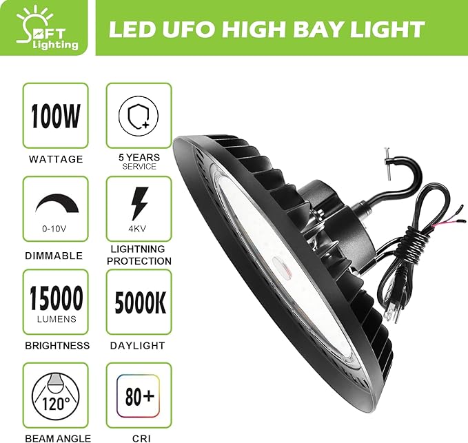 BFT UFO LED High Bay Light 200W 5000K High Bay LED Shop Lights 30000LM 1-10V Dimmable ETL Listed with US Plug led UFO high Bay for Warehouse Lights Commercial Bay Lighting 3PACK