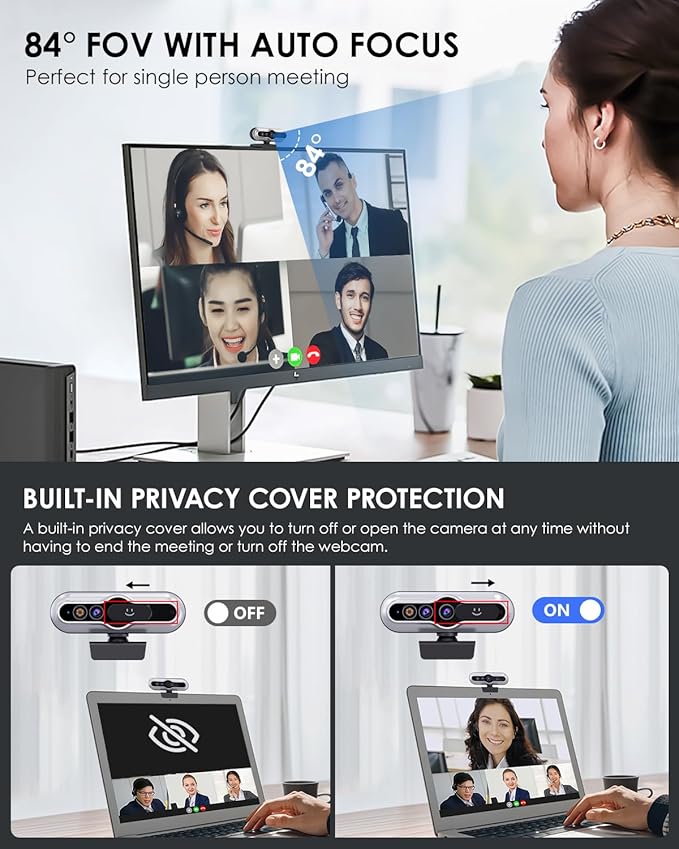 2K HD Webcam with Infrared Windows Hello Facial Recognition, Computer Camera, Privacy Cover, Noise Canceling Microphones, Laptop Webcam For Video Conferencing, Live, Streaming, Online Learning