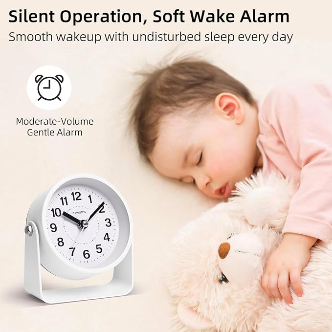 TIMESS Analog Alarm Clock, Silent Non-Ticking Quartz Movement, Battery-Operated with Snooze & On-Demand Light, Easy to Set Gentle Wake Bedside Desk Clock, Ideal for Home, Travel, Office (White)