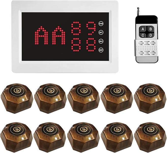 Restaurant Pager System Wireless Calling System with 1 Number Display and 10 Waterproof Call Buttons for Restaurant Bar Cafe Customer Service