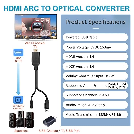 192KHz HDMI ARC to RCA Audio Converter for TV to Soundbar, Plug & Play 3.4ft/1.05m ARC to L/R Stereo RCA Male Cable Audio Extractor Adapter Splitter for Sound System Speaker Home Theater [PCM Only]
