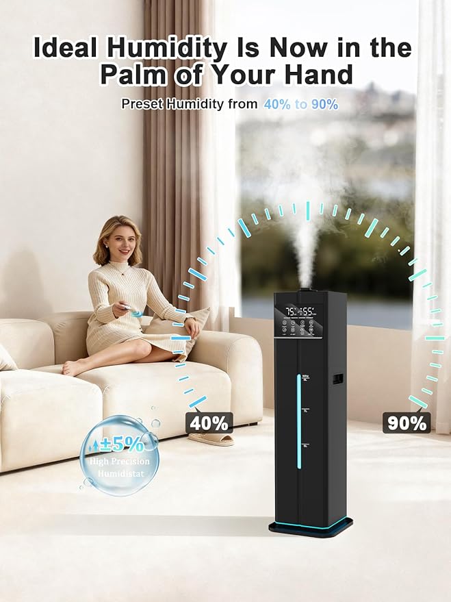 Zeova 9L/2.4Gal Smart Cool Mist Humidifier, Top Fill Quiet Humidifier Large Room, Covers 550ft², App & Remote Control, 60H Runtime, 7 Colors Light, 4 Mist Modes Humidifiers for Bedroom, Office, Black