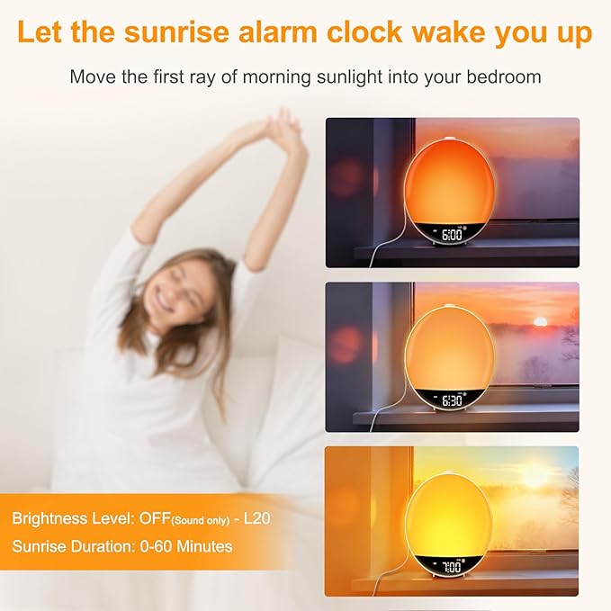DreamSky Sunrise Alarm Clock Radio for Bedroom with Sound Machine - Dual Wake up Light Alarm Clock for Kids Adults, Digital FM Radio, Bluetooth Speaker, 26 Sleep Sounds for Baby, Dimmable Night Light