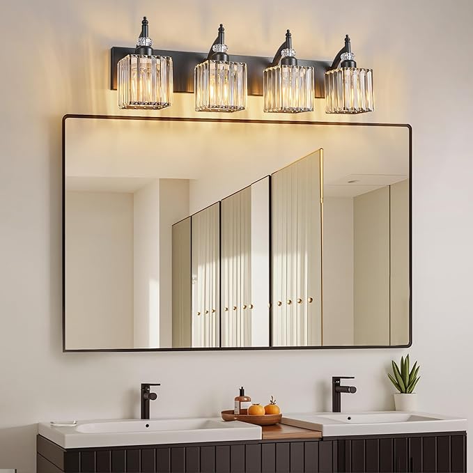 BBLLWJ Modern Bathroom Vanity Light 4-Light Black Crystal Light Fixtures Over Mirror for Bathroom Wall Sconce