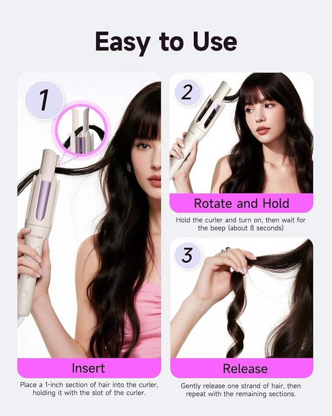TSUYAGLA Automatic Hair Curler, 1 1/4 Inch Rotating Curling Iron with 3 Temp, 500 Million Ionic, 2-Way Rotation,10S Fast Heating, Anti-Scald, Anti-Tangle Rotating Curling Wand for Long Hair
