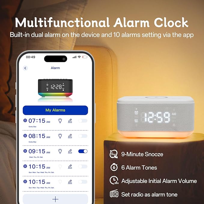 Bluetooth Alarm Clock Radio Bedroom, Digital Dual Alarm Clock Bedroom, Up to 10 Alarms Clock Night Light Speaker App/Button Control FM Charge Snooze Adjustable Brightness Dim 12/24H, White