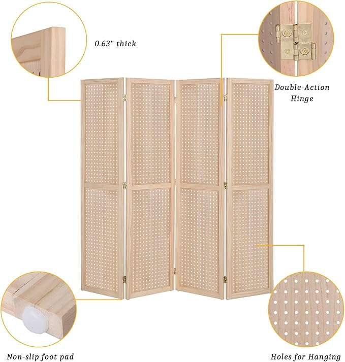 Bonnlo 4 Panel Pegboard Freestanding, 5 FT Portable Display Board Organizer for Craft Show Jewelry, Wooden Folding Privacy Screen Room Divider (Without Base, Natural)